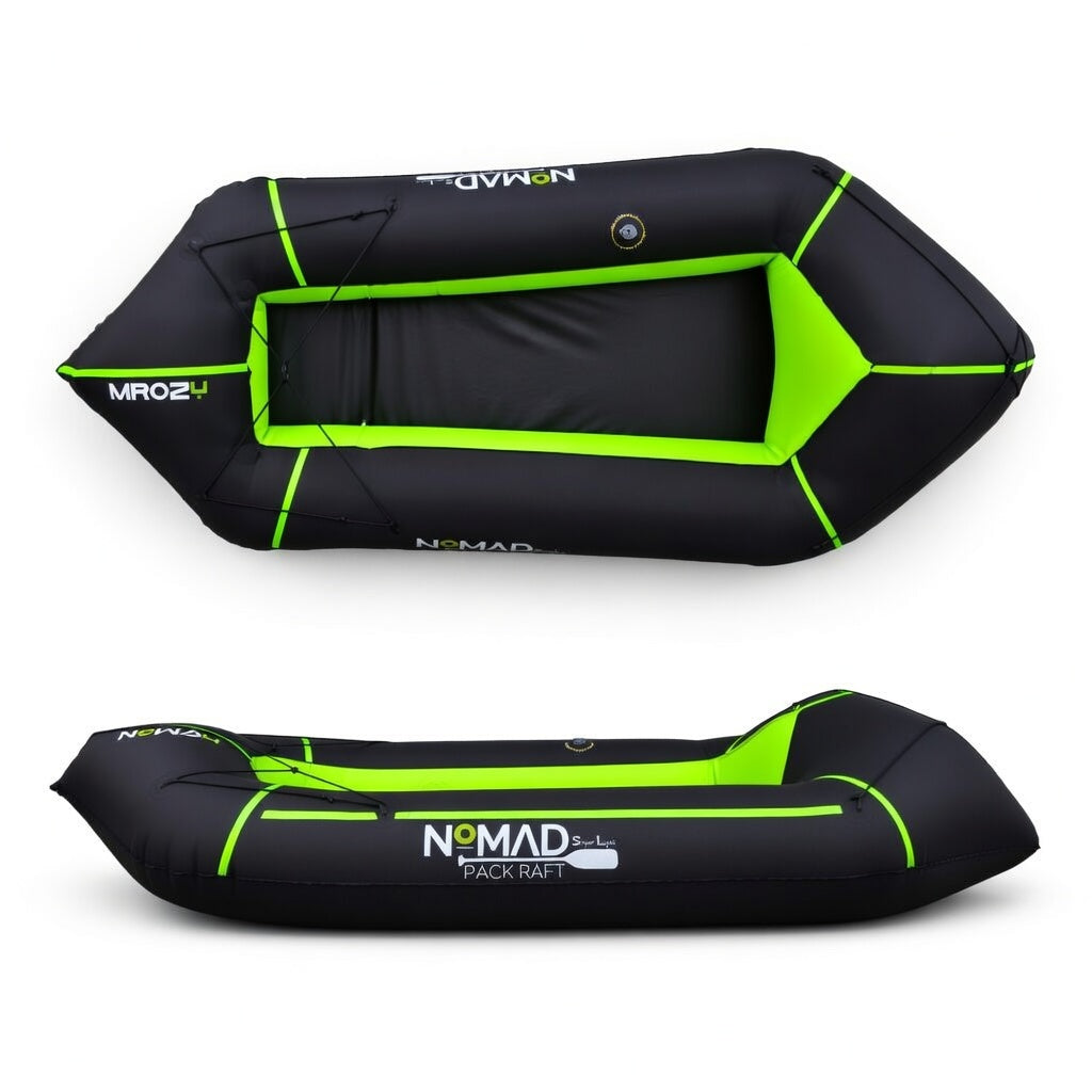 ultralight packraft 1.4 kg backpacking river
nomad packraft packed in backpack
packrafting expedition gear